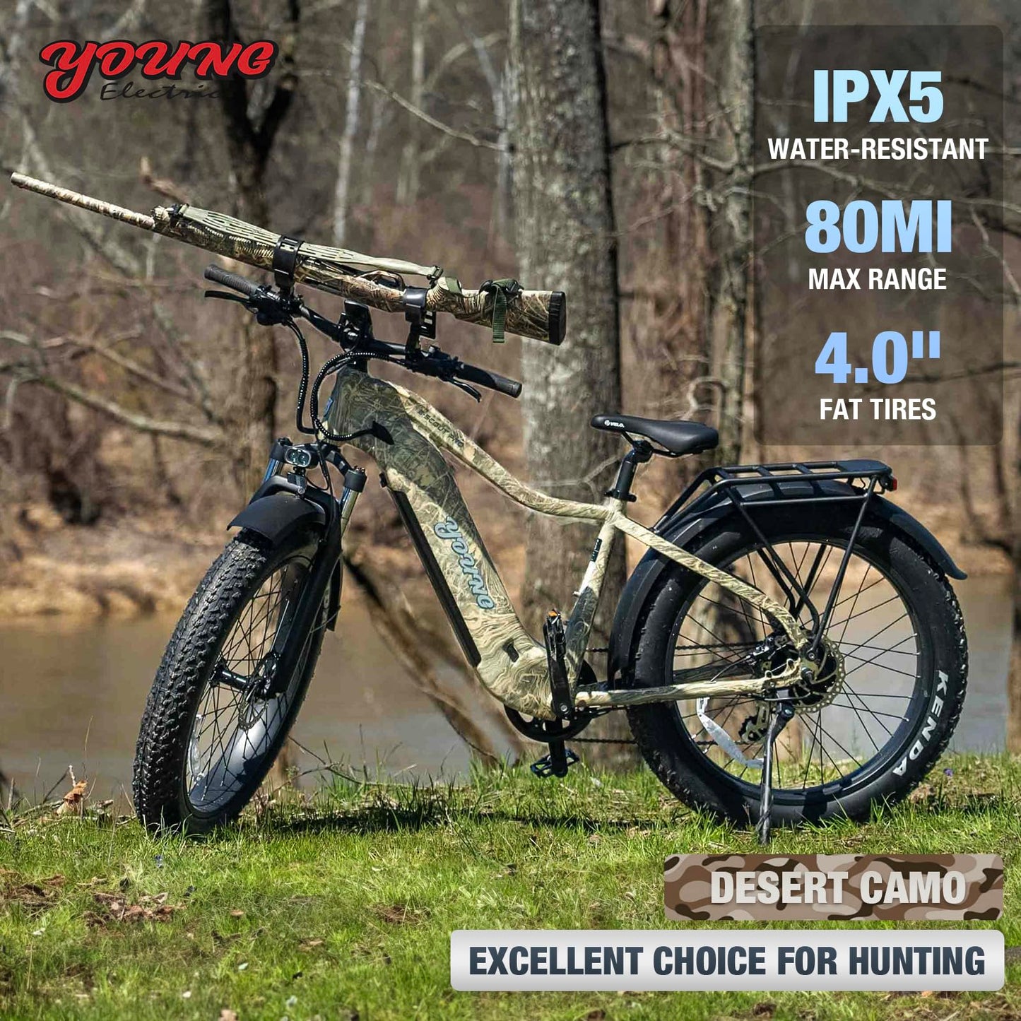 E-Scout PRO, 750W Young Electric Bike 48V/20Ah LG Battery with 3A Fast Charger, Up to 80Mi 28MPH, 26''x4.0'' Fat Tire Mountain Snow Beach Off-Road Adult Ebike
